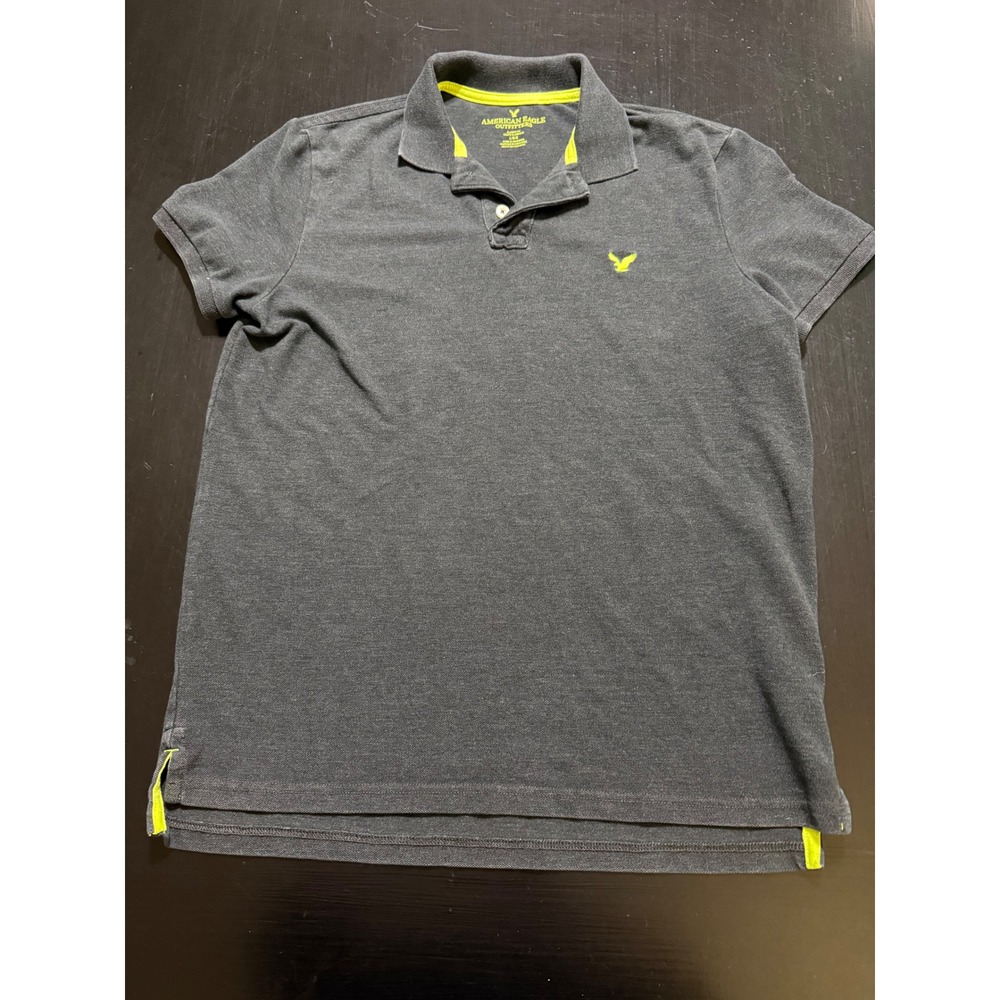 American Eagle Mens Polo Shirt Large Gray Neon Yellow Classic Fit Pique Knit